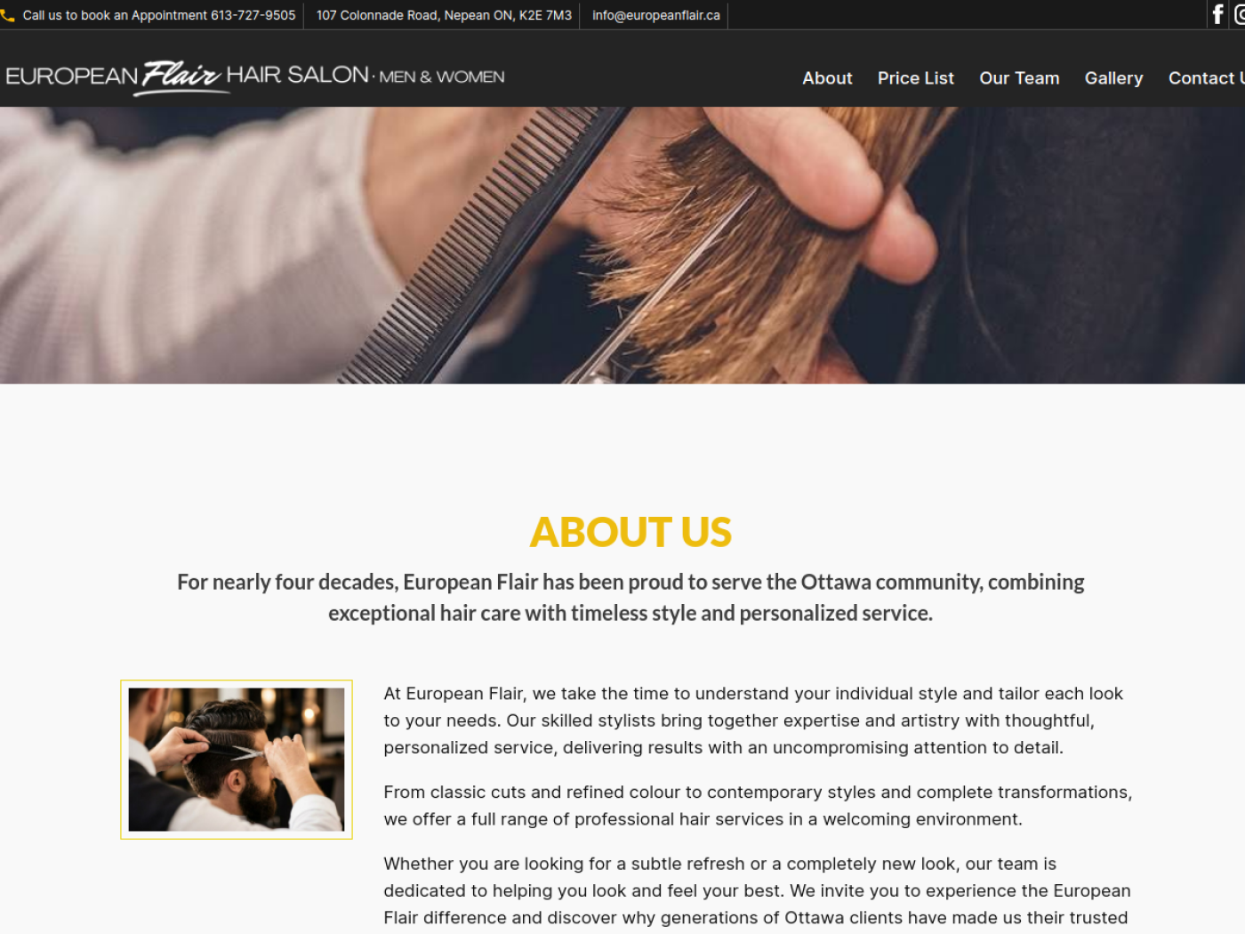 European Flair hair salon website, featuring hair care imagery and salon information